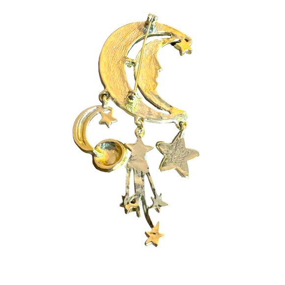 Man in the Moon Crescent Shape Dangling Stars Comet Earth Brooch Pin Gold Tone - Picture 6 of 8